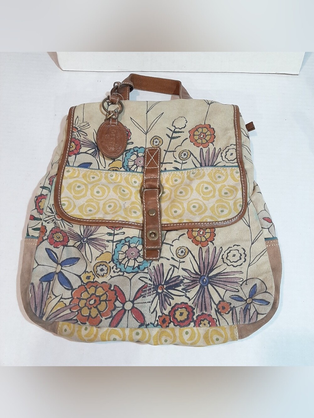 Fossil Floral Canvas Backpack in Cream, Yellow, Brown, Blue